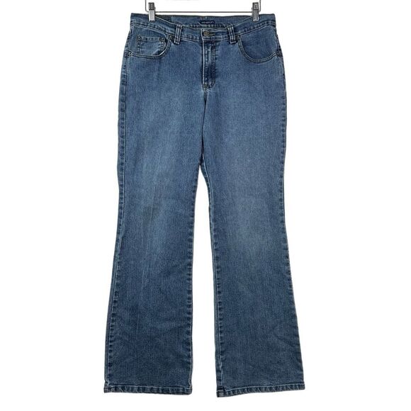 Jordache Jeans Womens Sz Large 11/12 Blue Denim Flared Leg Stretch Logo Mid Rise - Picture 1 of 12